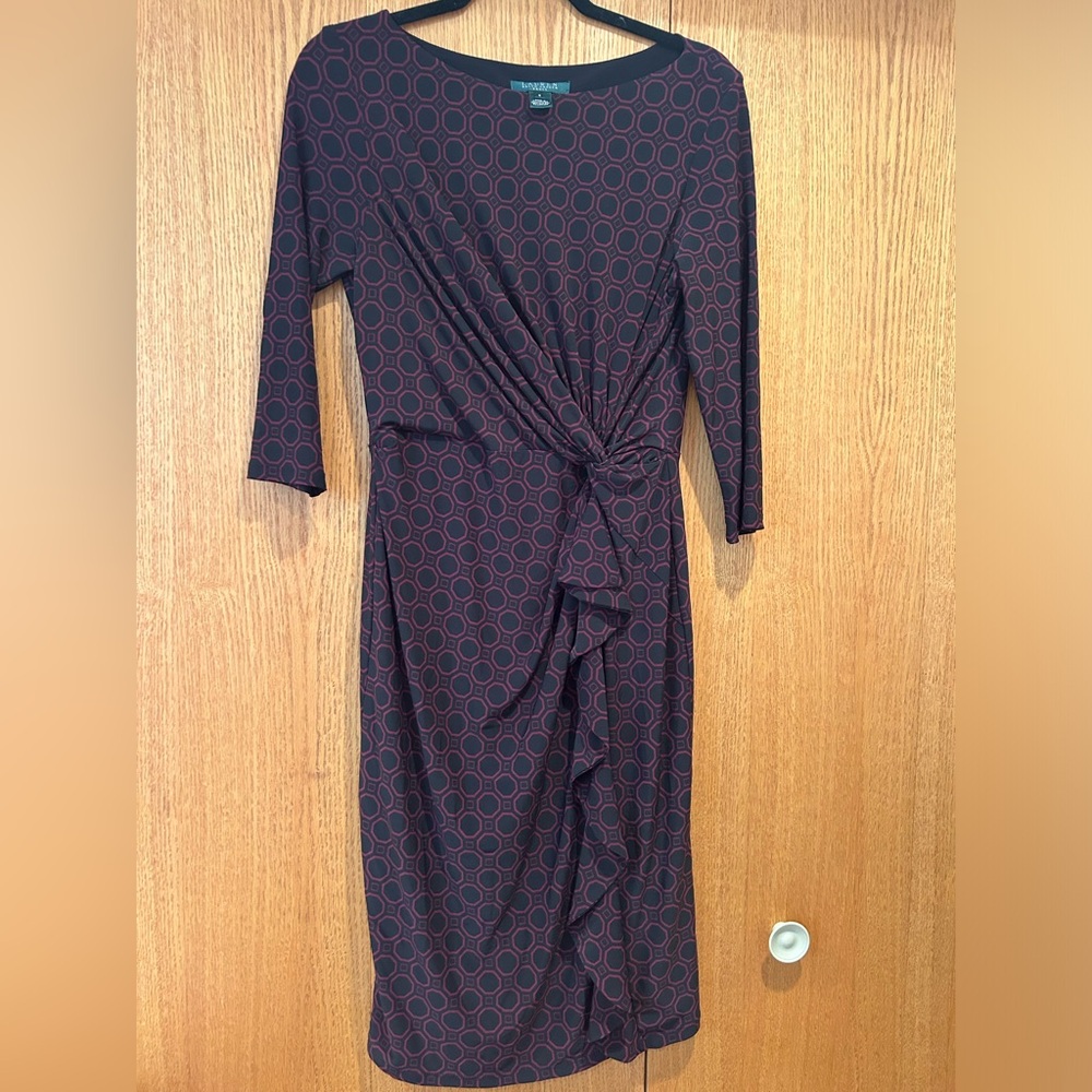 Ralph Lauren Womans Faux Wrap Slinky Sheath Dress Size 6 Ruffle Front V-Neck